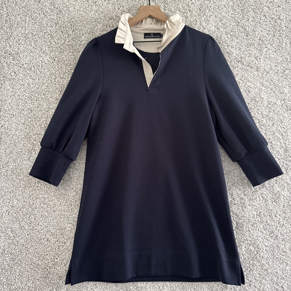 Pomander Place by Tuckernuck Charlotte Terry Shirt Dress Navy Ruffle Collar M